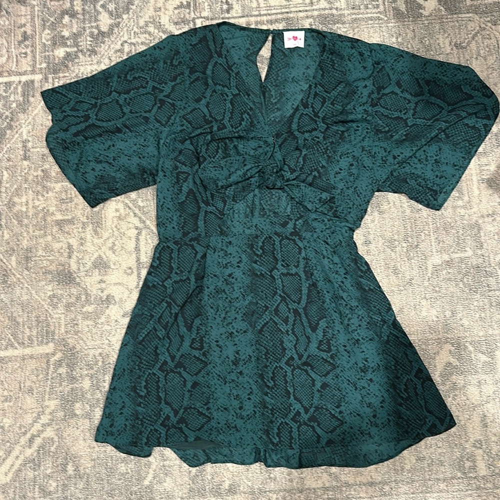 Buddy Love Green Snakeprint tie front mini dress
